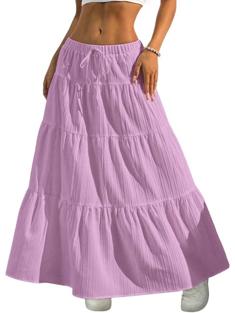 Women's Boho Flowy Purple Maxi Skirt Flared Ruffle A Line Spring Long Skirts